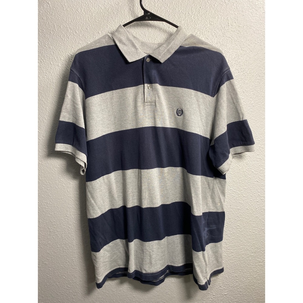 Chaps Mens XL Polo Shirt Navy Blue Gray Striped Short Sleeve Cotton Pique Crest